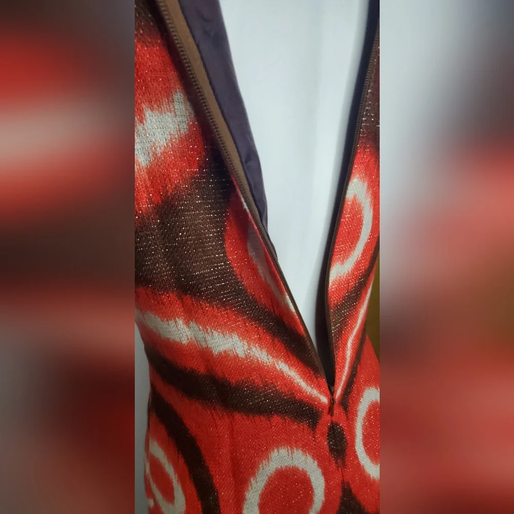 Tory Burch Size 4 Linen Dress Orange/Red Metallic Shimmer and Brown Patterned - Picture 6 of 10